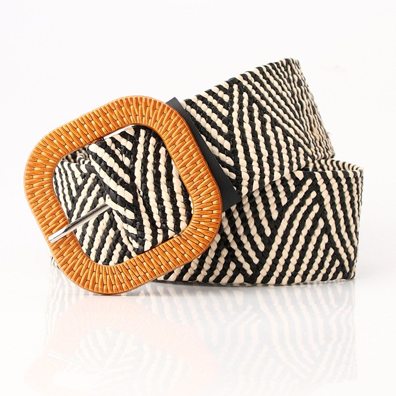 Straw Woven Elastic Stretch Waist Belt Women Skinny Dress Belt Cinch Fashion Round Wooden Buckle Braided Strap Belts