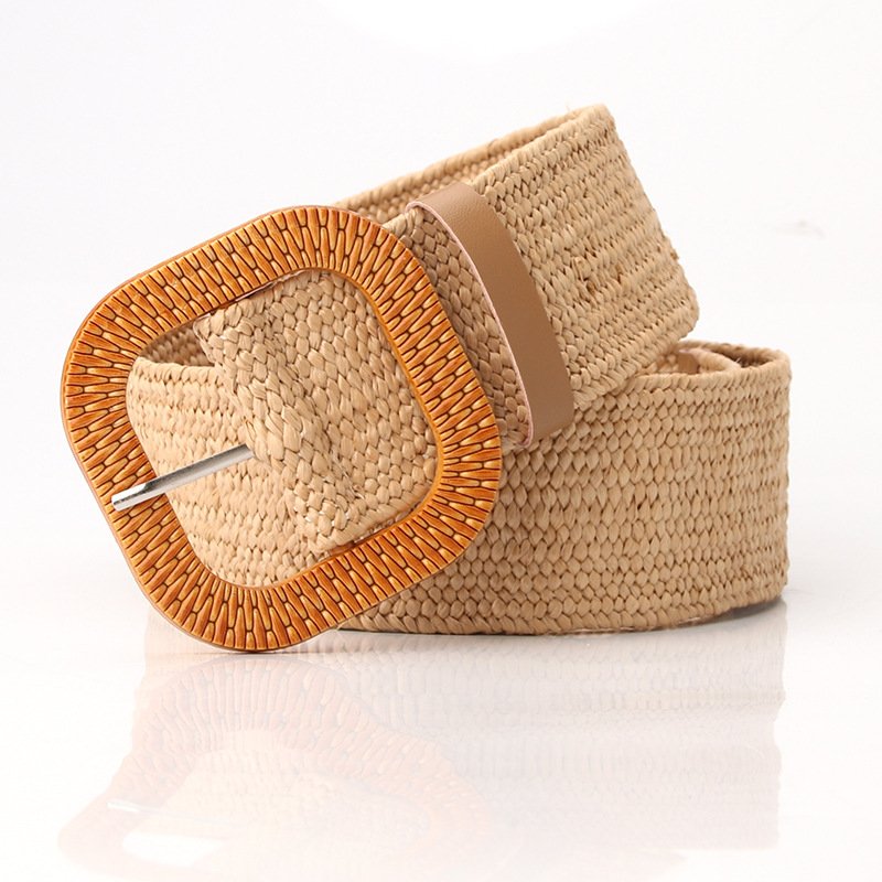 Straw Woven Elastic Stretch Waist Belt Women Skinny Dress Belt Cinch Fashion Round Wooden Buckle Braided Strap Belts