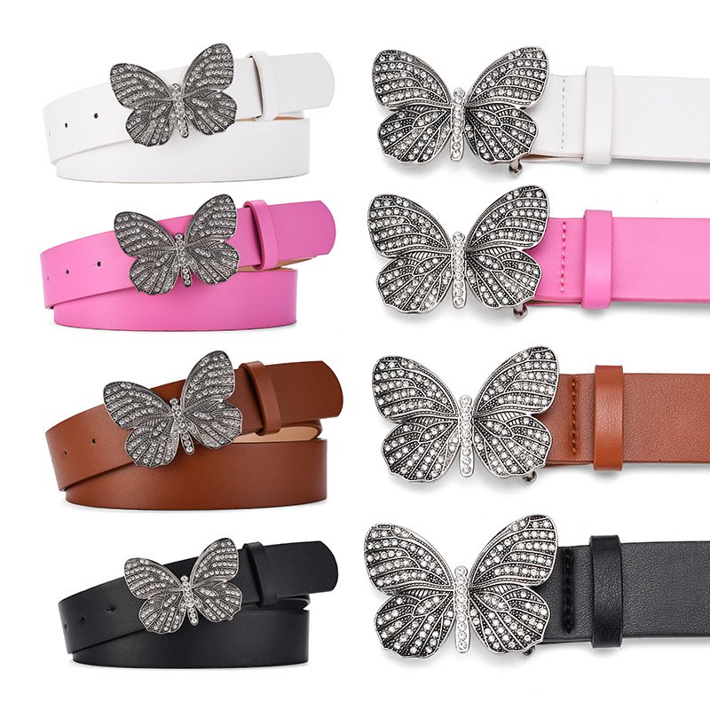 Hot Selling PU Leather 108cm Alloy Diamond Butterfly Belt Girl's Elegant Adjustable Belt Fashion Women's Dresses Decoration