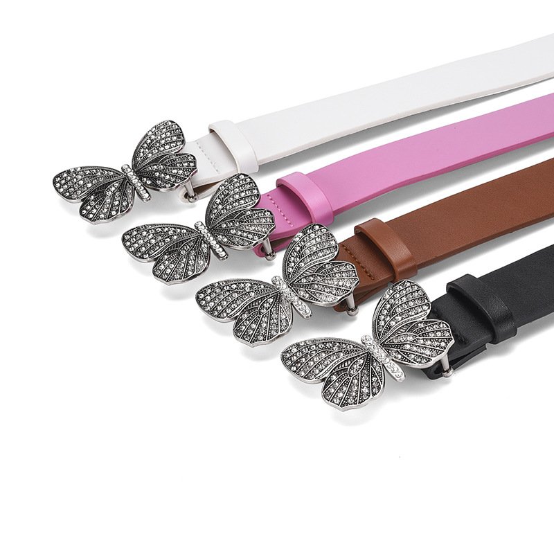 Hot Selling PU Leather 108cm Alloy Diamond Butterfly Belt Girl's Elegant Adjustable Belt Fashion Women's Dresses Decoration