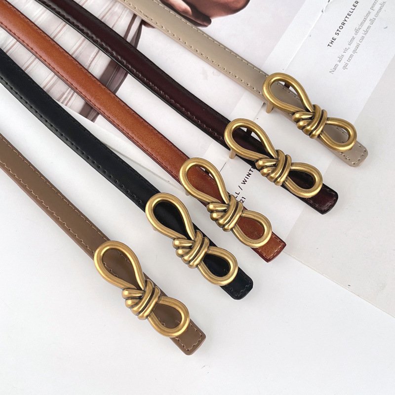Newest Designs Retro Bow Buckle Genuine Leather Colorful Belts Thin Female Cowhide Waist Belt Decoration Jeans