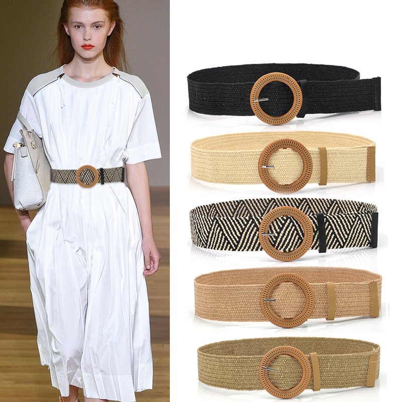 Beach Style Lady Elastic PP Grass Straw Woven Belt with Round Square Plastic Buckle
