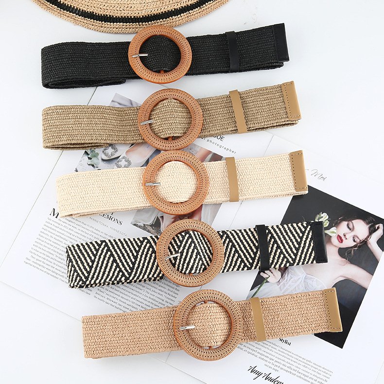 Beach Style Lady Elastic PP Grass Straw Woven Belt with Round Square Plastic Buckle