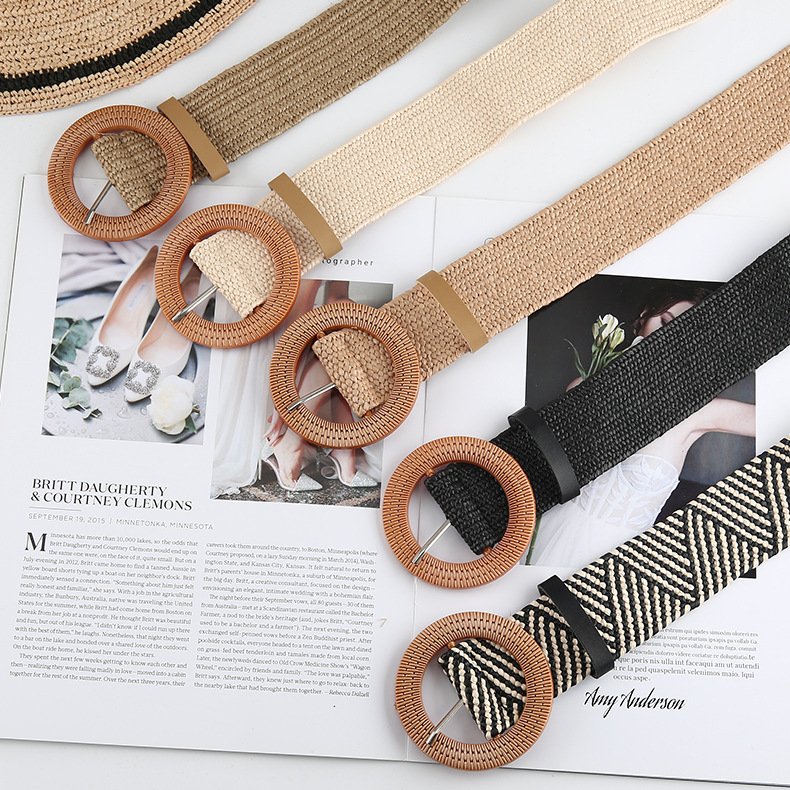 Beach Style Lady Elastic PP Grass Straw Woven Belt with Round Square Plastic Buckle