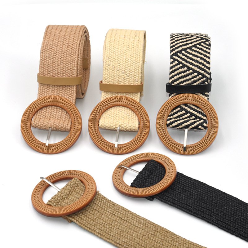 Beach Style Lady Elastic PP Grass Straw Woven Belt with Round Square Plastic Buckle