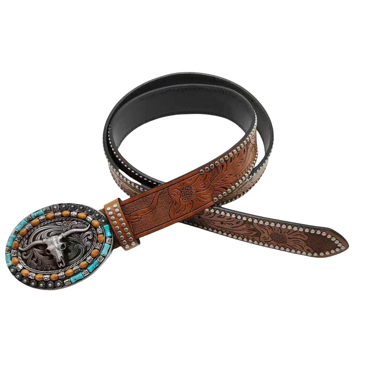 Custom Long Horn Bull Buckles with beads Engraved Brown Belts Men's Western PU Belts