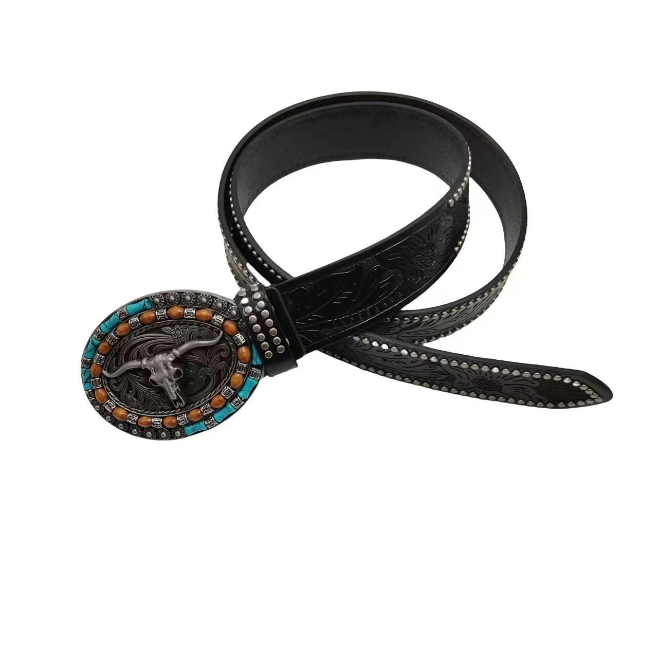 Custom Long Horn Bull Buckles with beads Engraved Brown Belts Men's Western PU Belts