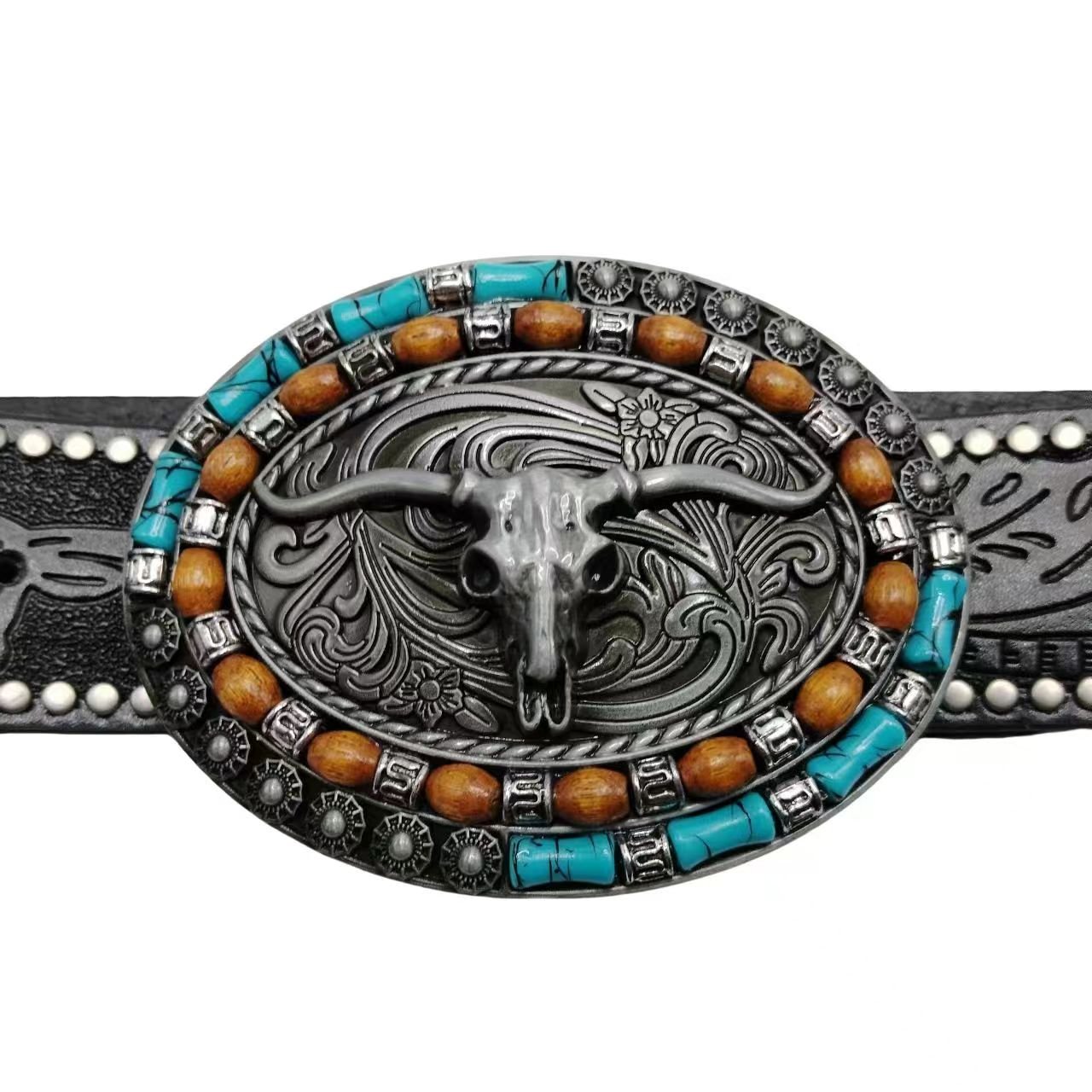 Custom Long Horn Bull Buckles with beads Engraved Brown Belts Men's Western PU Belts