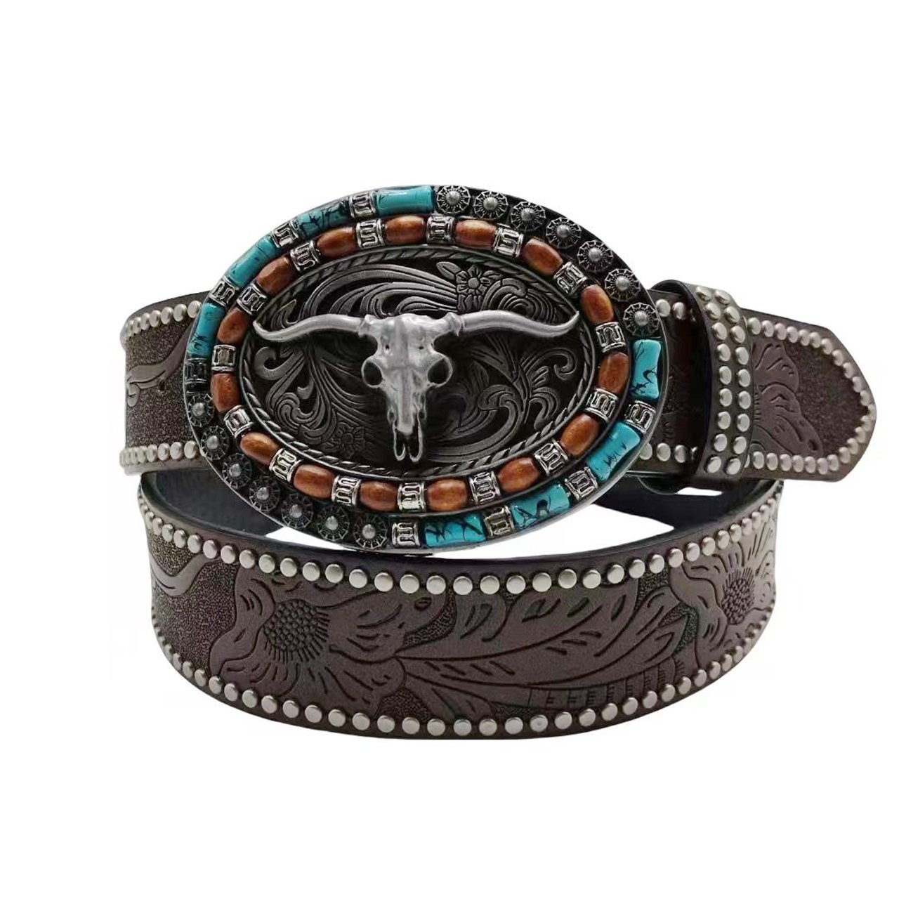 Custom Long Horn Bull Buckles with beads Engraved Brown Belts Men's Western PU Belts