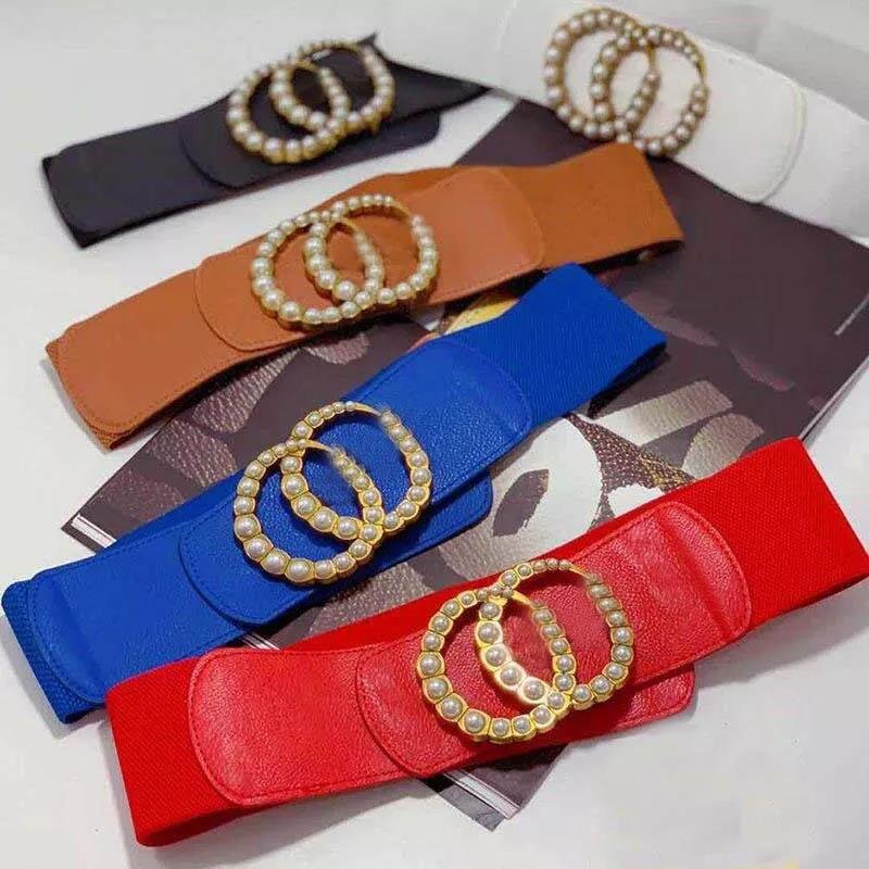 Ladies Luxury pearl buckles brand designer Stretch Waist Women Elastic Belt