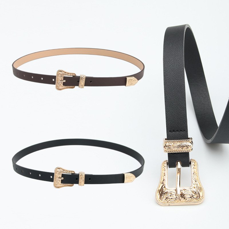 Hot sell Classic Design Women Skinny Leather Belt Alloy Pin Buckle Black Thin Belt Factory Supply Jeans Dress Skinny Belt