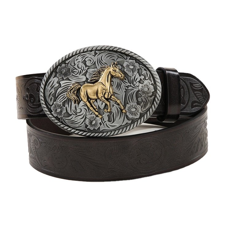 Western Cowboy Leather Buckle Belts Horse Pattern Floral Engraved Buckle Belt for Men
