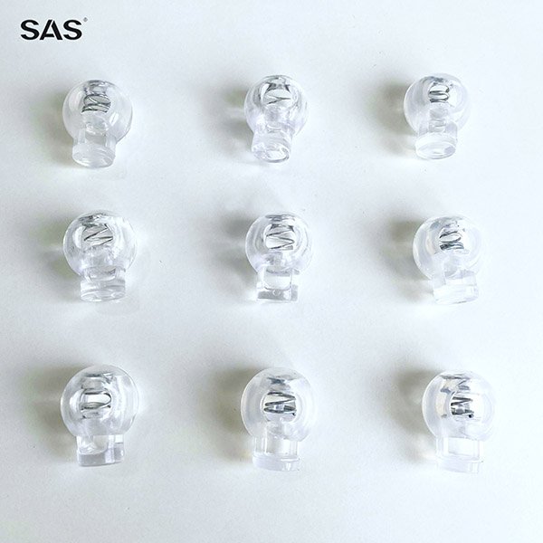 SAS In Stock Wholesale Plastic Rope Buckle Single Hole Spring Cord Locks Transparent Round Toggle Stoppers
