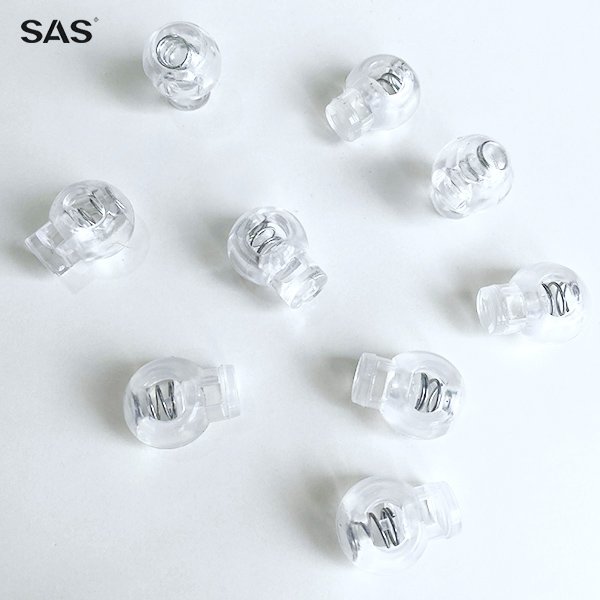 SAS In Stock Wholesale Plastic Rope Buckle Single Hole Spring Cord Locks Transparent Round Toggle Stoppers