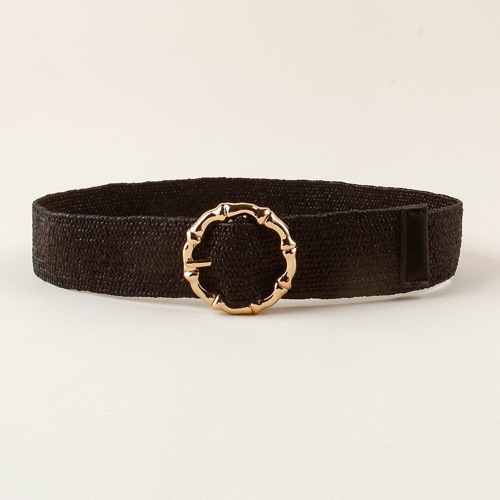 REWIN 2022 New Fashion Muticolr Colorful Wide Elastic Straw Waist Belts With Gold Bamboo Rings Buckle