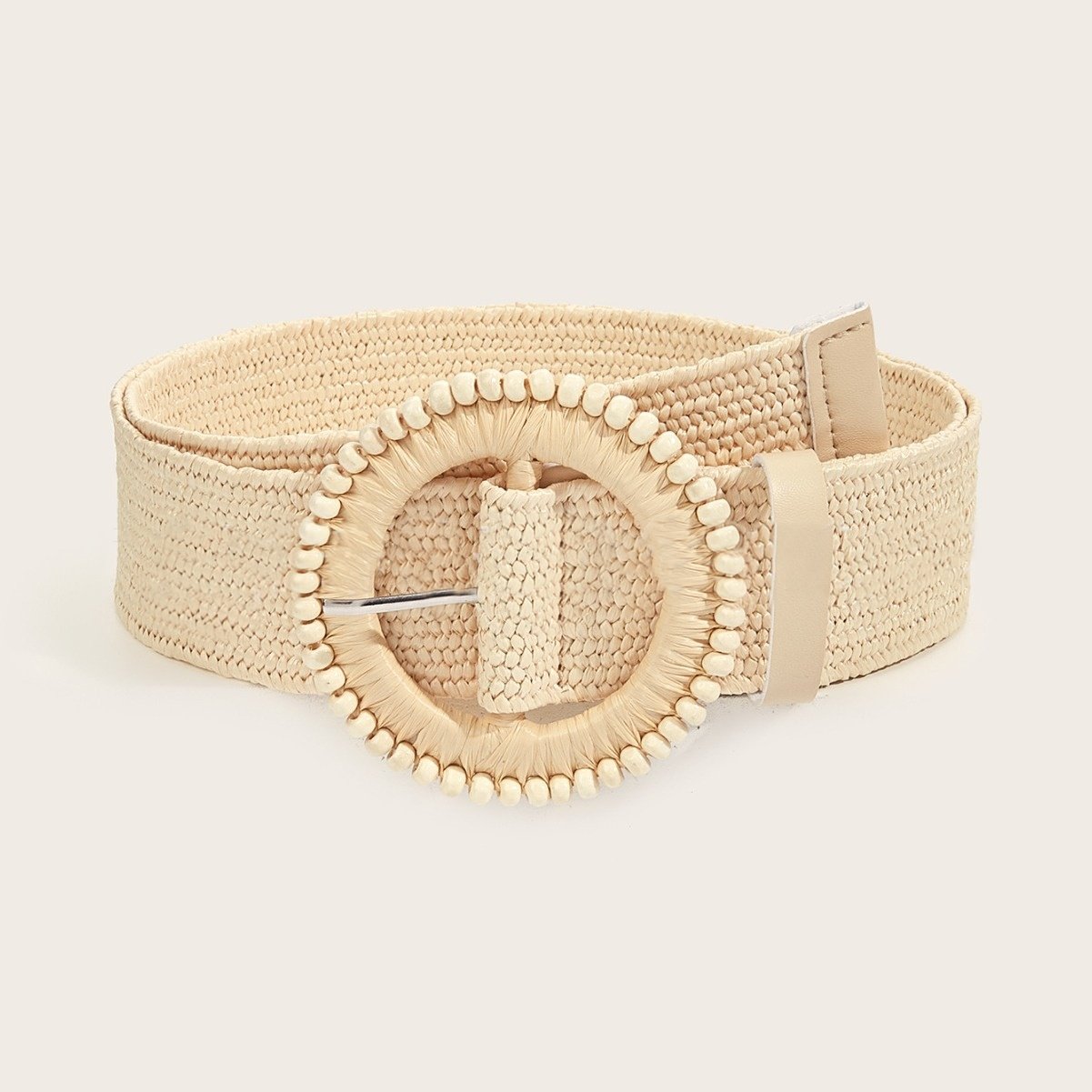 RW Boho Retro Style Hand Woven Square Wood Bead Buckle Straw Elastic Belt Women Round Buckle Elastic Straw Waist Belt For Dress