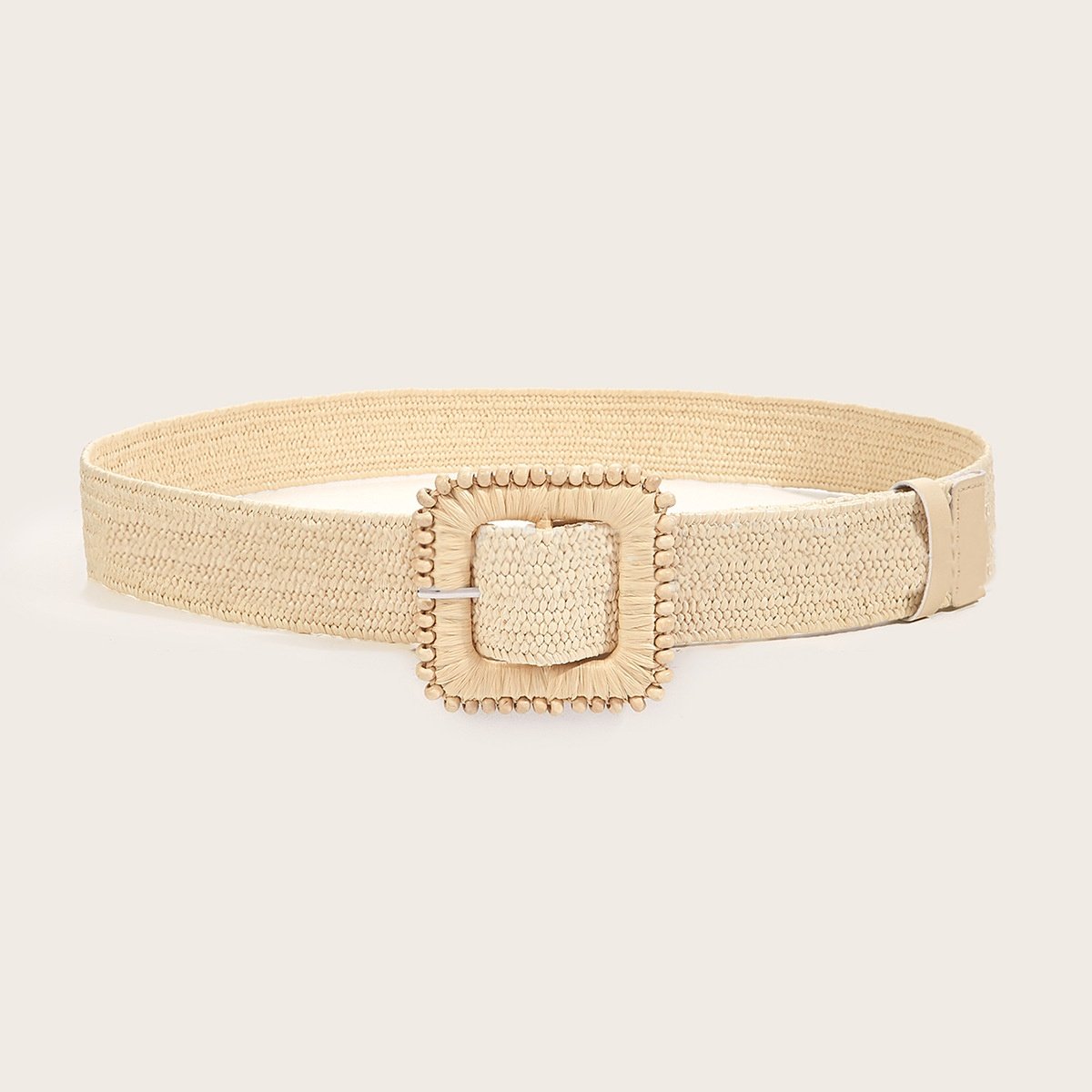 RW Boho Retro Style Hand Woven Square Wood Bead Buckle Straw Elastic Belt Women Round Buckle Elastic Straw Waist Belt For Dress