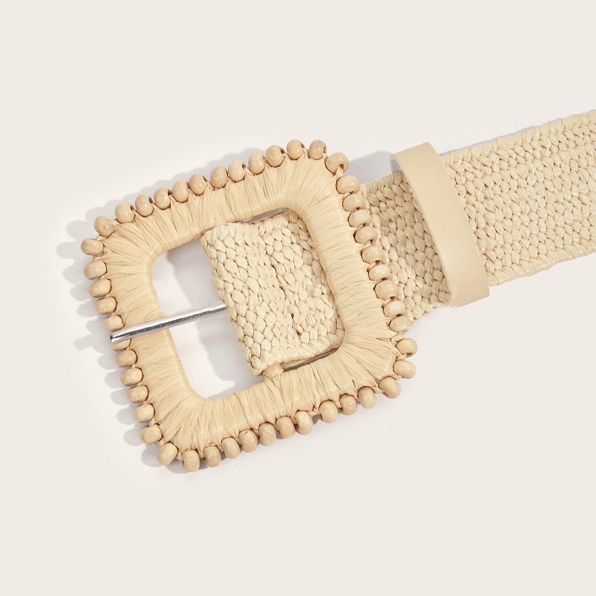 RW Boho Retro Style Hand Woven Square Wood Bead Buckle Straw Elastic Belt Women Round Buckle Elastic Straw Waist Belt For Dress