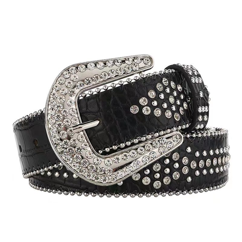 Factory Wholesale Black Pu Leather Rhinestone Western Luxury Crystal Diamond Buckle Belt for Men and Women