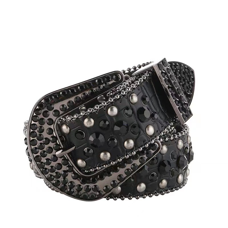 Factory Wholesale Black Pu Leather Rhinestone Western Luxury Crystal Diamond Buckle Belt for Men and Women