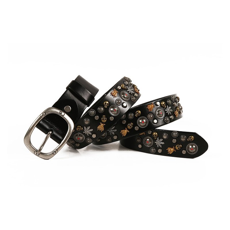 Gothic Dark Style Brown Skull Bee Embossed Pattern Metal Rivet Buckle Leather Belt for Punk Rock Clothes