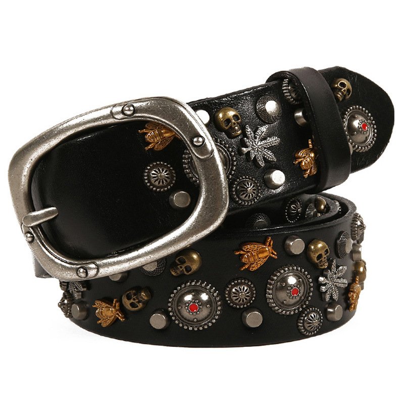 Gothic Dark Style Brown Skull Bee Embossed Pattern Metal Rivet Buckle Leather Belt for Punk Rock Clothes