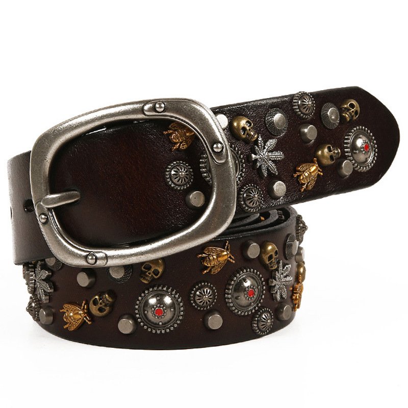 Gothic Dark Style Brown Skull Bee Embossed Pattern Metal Rivet Buckle Leather Belt for Punk Rock Clothes