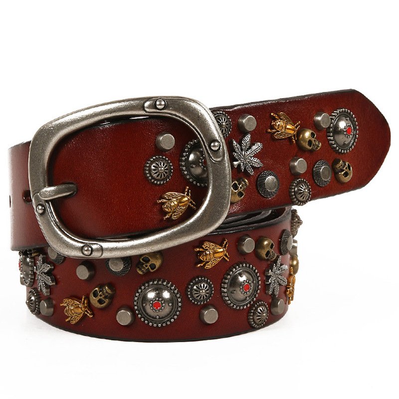 Gothic Dark Style Brown Skull Bee Embossed Pattern Metal Rivet Buckle Leather Belt for Punk Rock Clothes