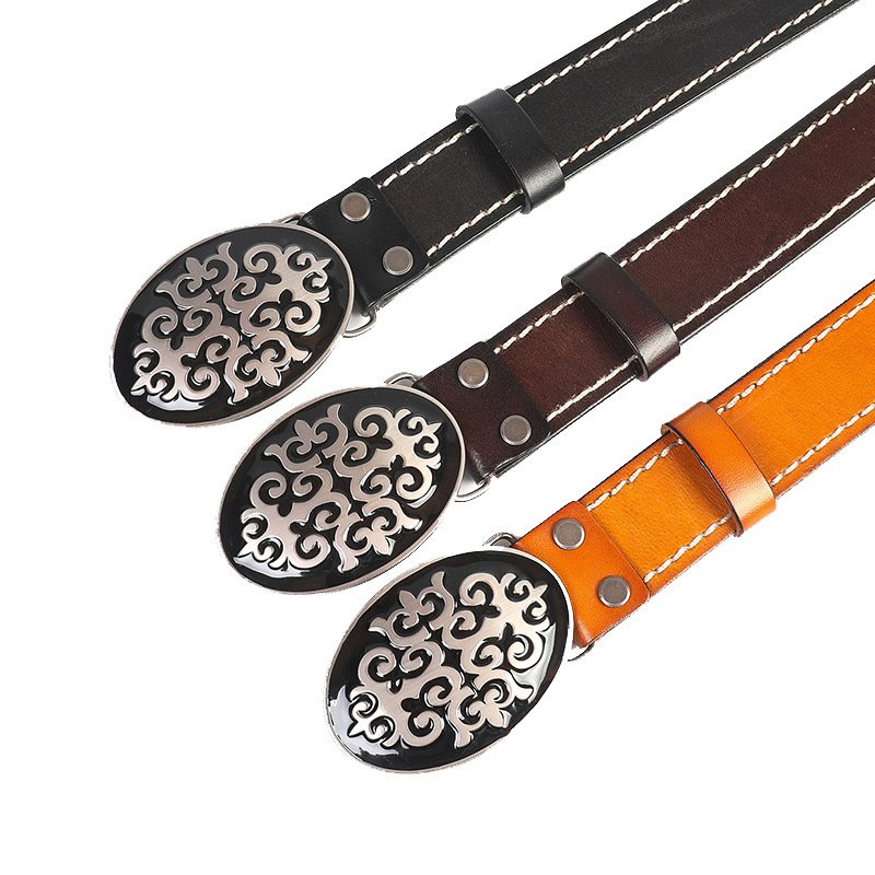 Western Cowboy Punk Rock Men's Genuine Leather Luxury Belts with Embossed Pattern Metal Rivet Buckle for Garment Belt