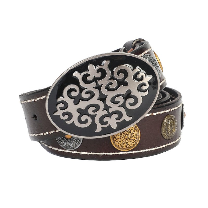 Western Cowboy Punk Rock Men's Genuine Leather Luxury Belts with Embossed Pattern Metal Rivet Buckle for Garment Belt
