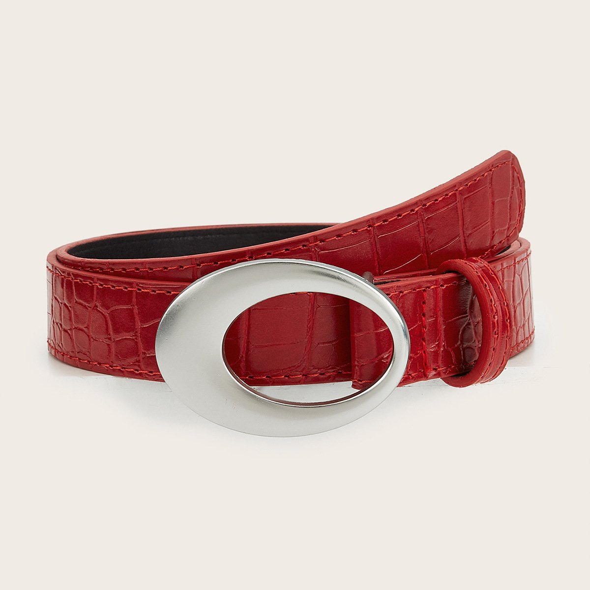 Vintage Oval Hollow Buckle Stone-pattern Skin Waist Belt Street Style