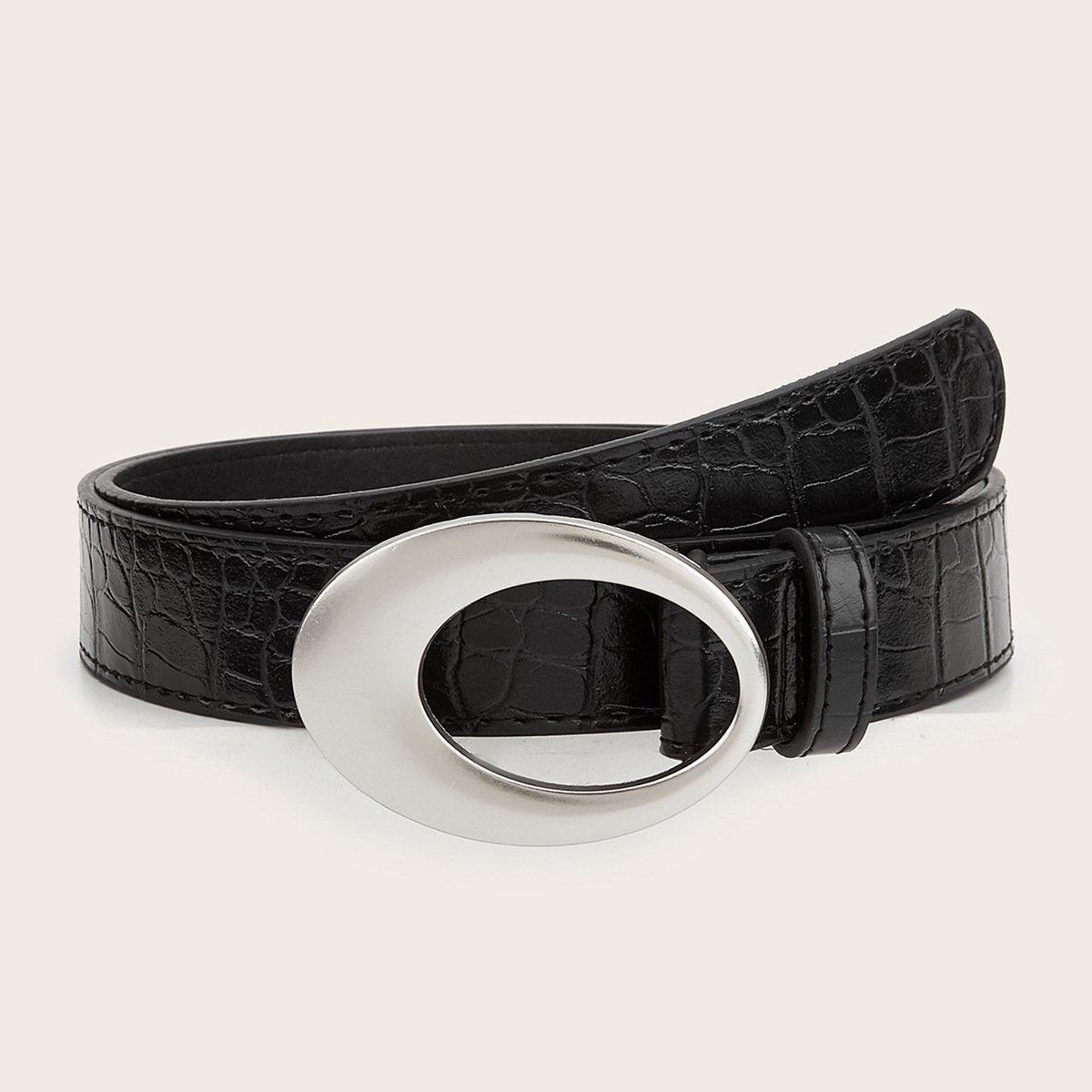 Vintage Oval Hollow Buckle Stone-pattern Skin Waist Belt Street Style