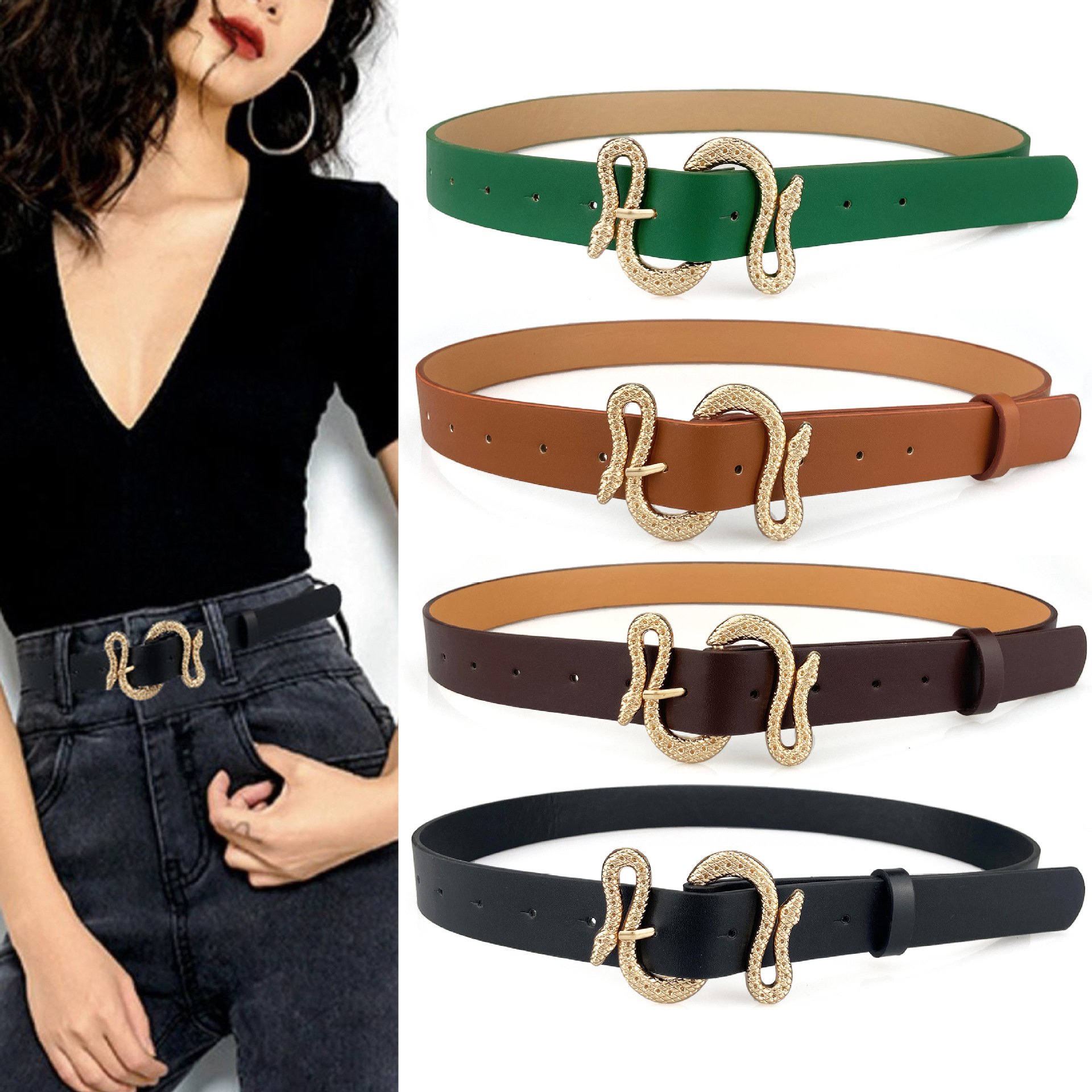 Fashion 5 Colors PU Leather Snake Buckle 2.8CM Belt Jeans Women