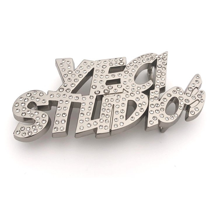 Custom Rhinestone Silver Letter Logo Metal Belt Buckle High Quality Personal Style Alloy Belt Fastener for Jeans