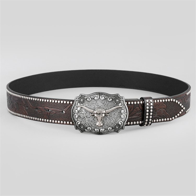 Western Leather Buckle Belts Cowboy Longhorn Bull Pattern Buckle Belt Floral Engraved Buckle Belt for Men