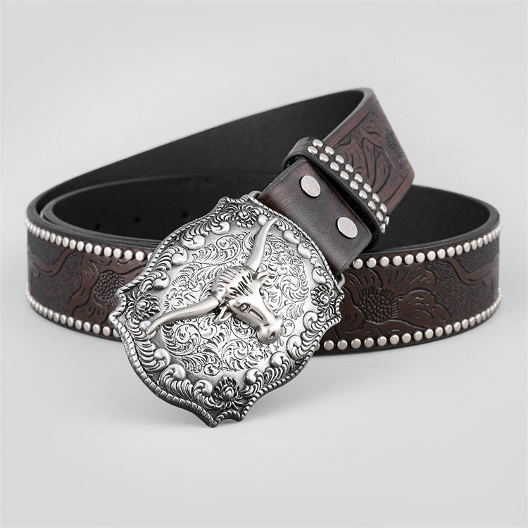 Western Leather Buckle Belts Cowboy Longhorn Bull Pattern Buckle Belt Floral Engraved Buckle Belt for Men