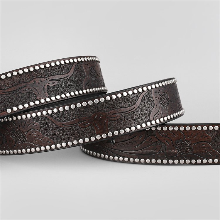 Western Leather Buckle Belts Cowboy Longhorn Bull Pattern Buckle Belt Floral Engraved Buckle Belt for Men