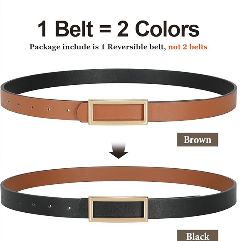 Women Reversible Buckle Skinny PU Leather Belt Brown Black Waist Belt for Jeans Pants
