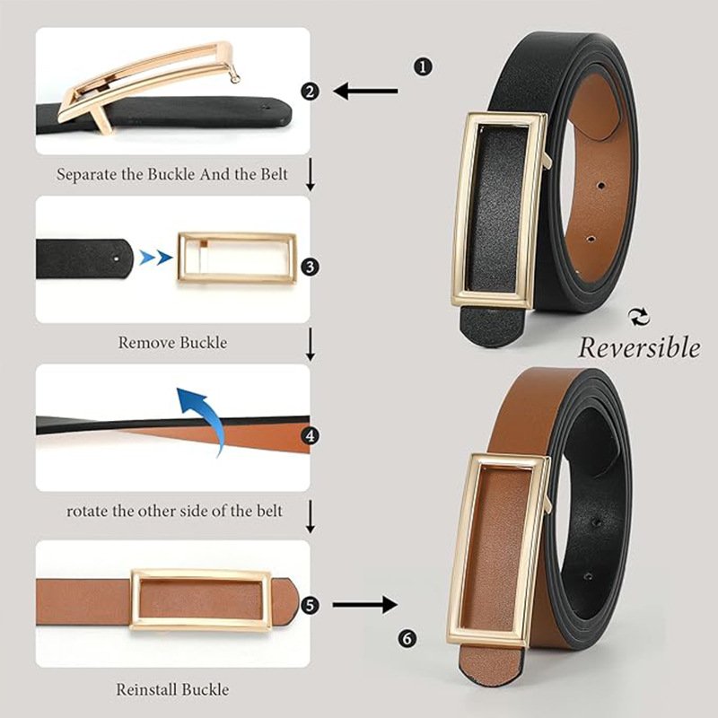 Women Reversible Buckle Skinny PU Leather Belt Brown Black Waist Belt for Jeans Pants