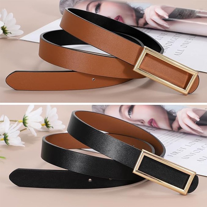 Women Reversible Buckle Skinny PU Leather Belt Brown Black Waist Belt for Jeans Pants