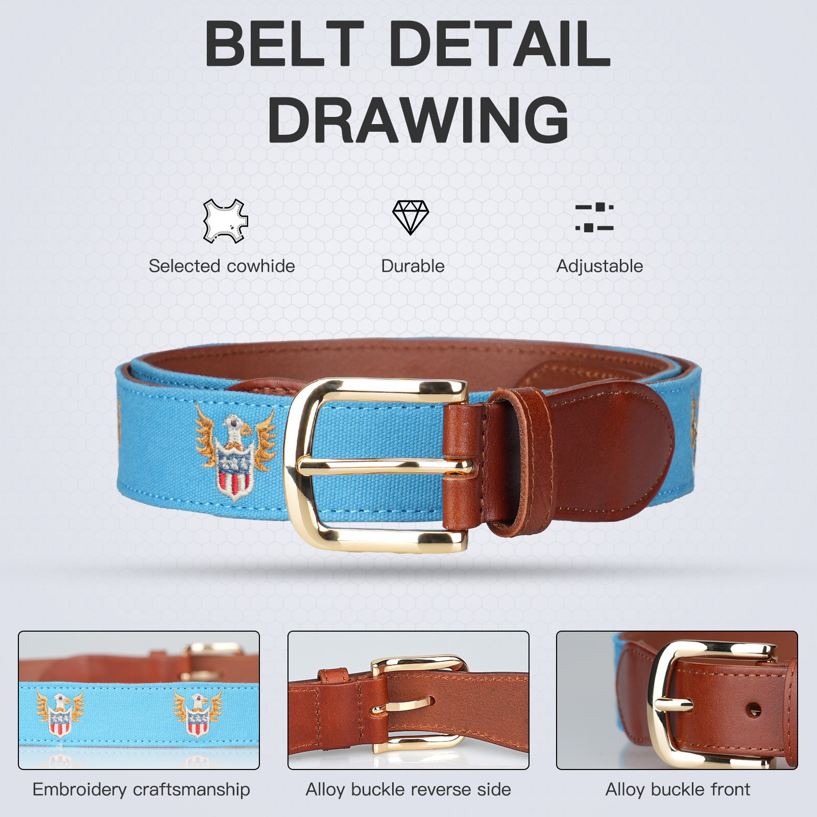Eagles design men's blue pin buckle Casual Canvas needlepoint Embroidery genuine leather belts