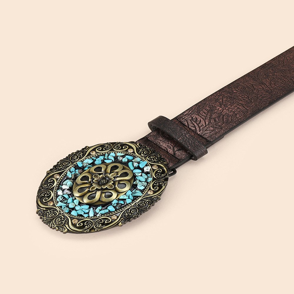 ZL73113 Western Denim Vintage Carved Retro Style Oval Buckle Belt Trendy Embossed Print Pu Leather Personality Ethnic Belt