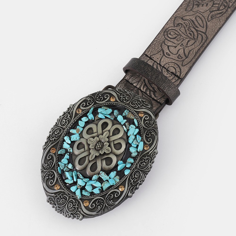 ZL73113 Western Denim Vintage Carved Retro Style Oval Buckle Belt Trendy Embossed Print Pu Leather Personality Ethnic Belt