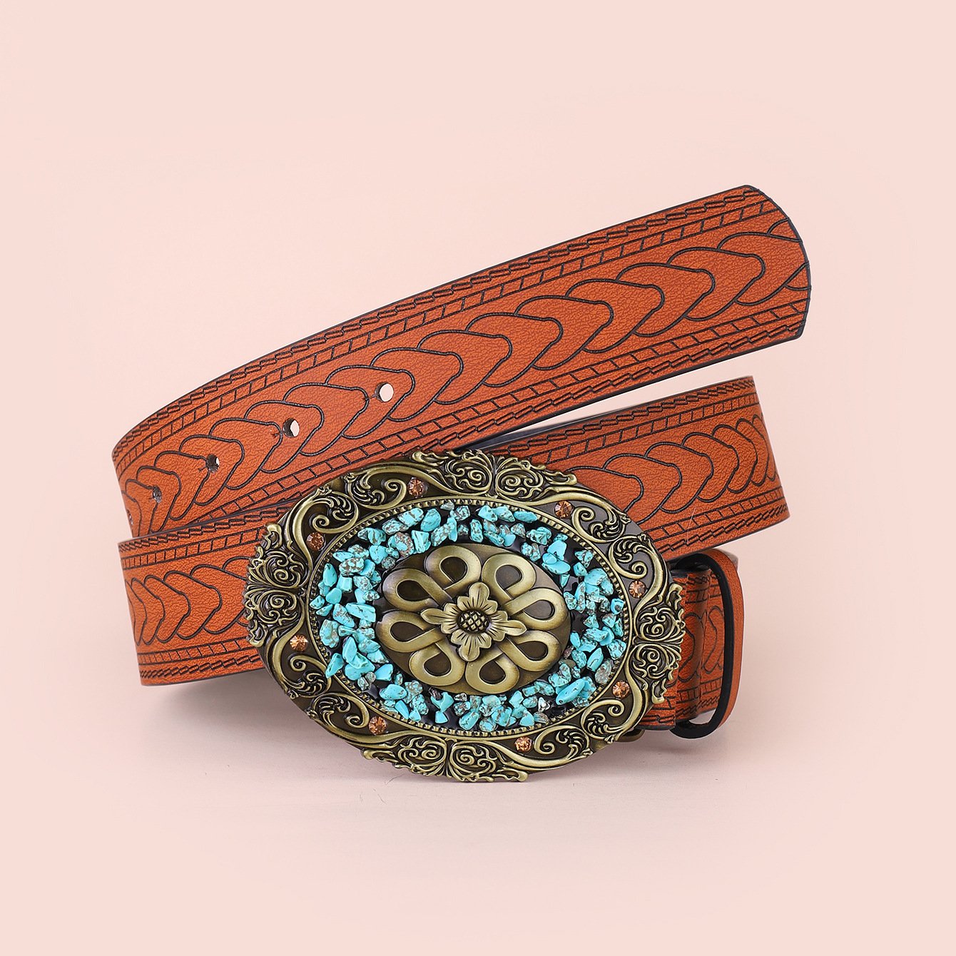 ZL73113 Western Denim Vintage Carved Retro Style Oval Buckle Belt Trendy Embossed Print Pu Leather Personality Ethnic Belt