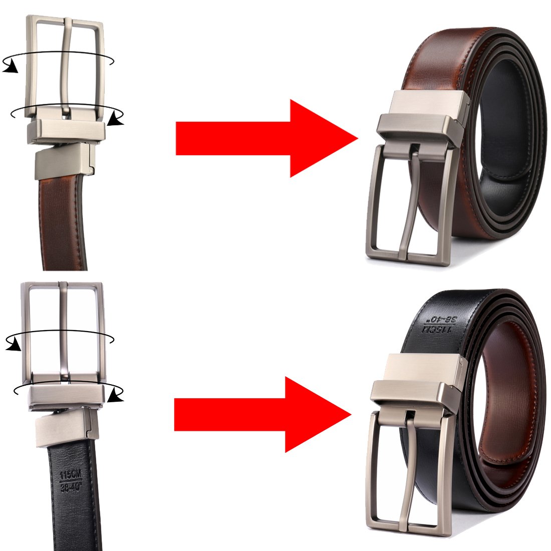 Dress Leather Belt for Man New Design 3.2CM Cognac and Black Reversible Genuine Leather Belts for Men with Rotated Buckle