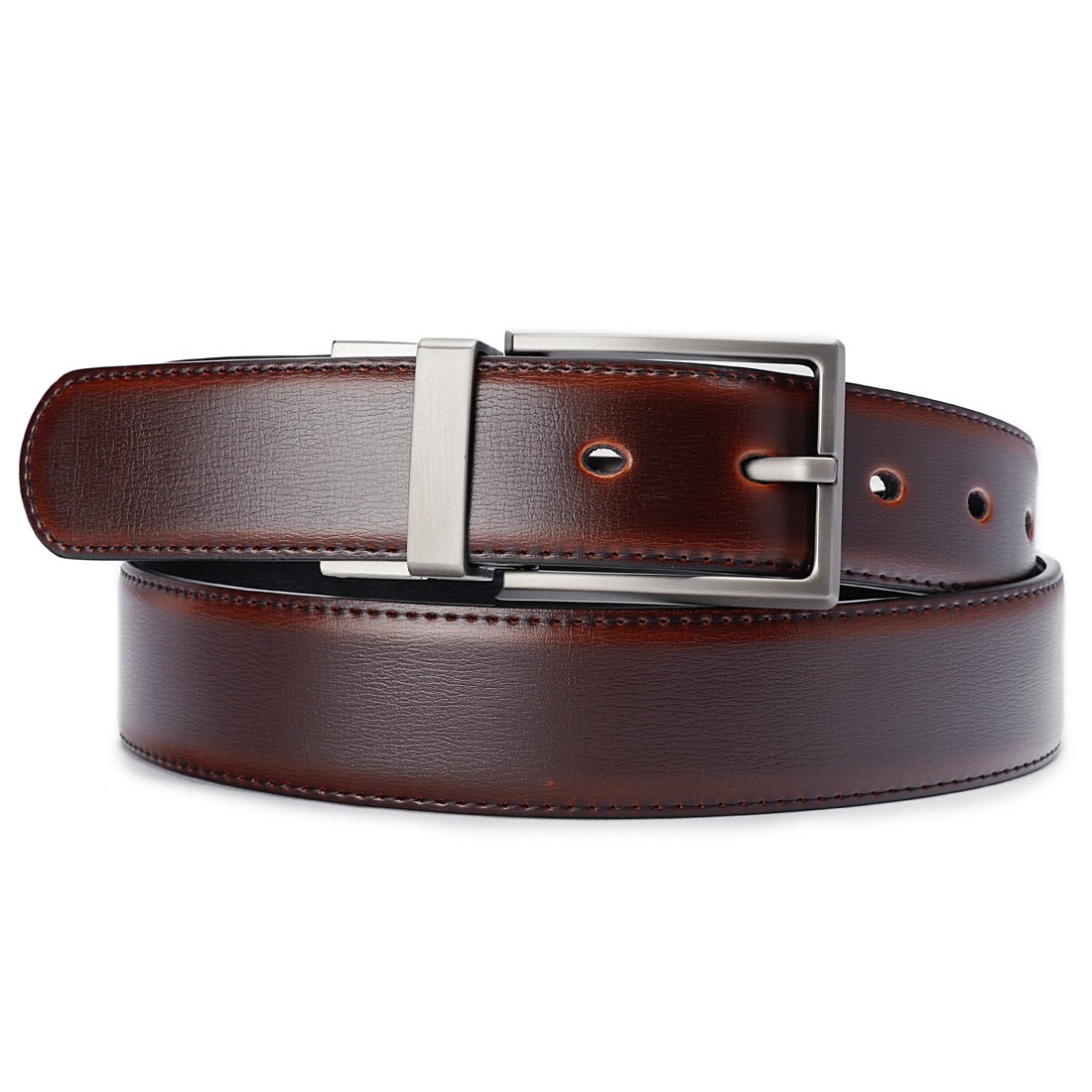 Dress Leather Belt for Man New Design 3.2CM Cognac and Black Reversible Genuine Leather Belts for Men with Rotated Buckle