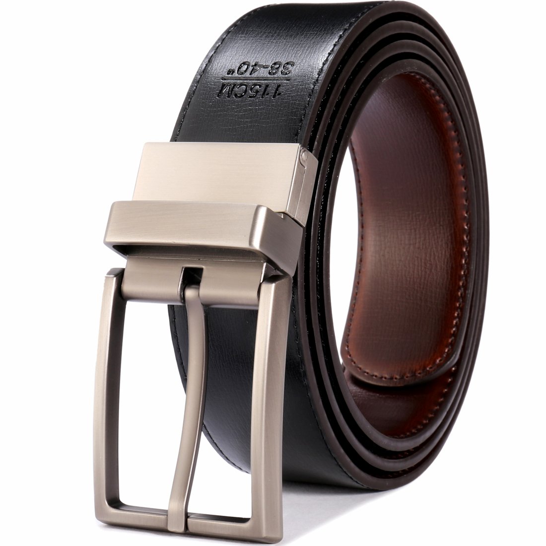 Dress Leather Belt for Man New Design 3.2CM Cognac and Black Reversible Genuine Leather Belts for Men with Rotated Buckle