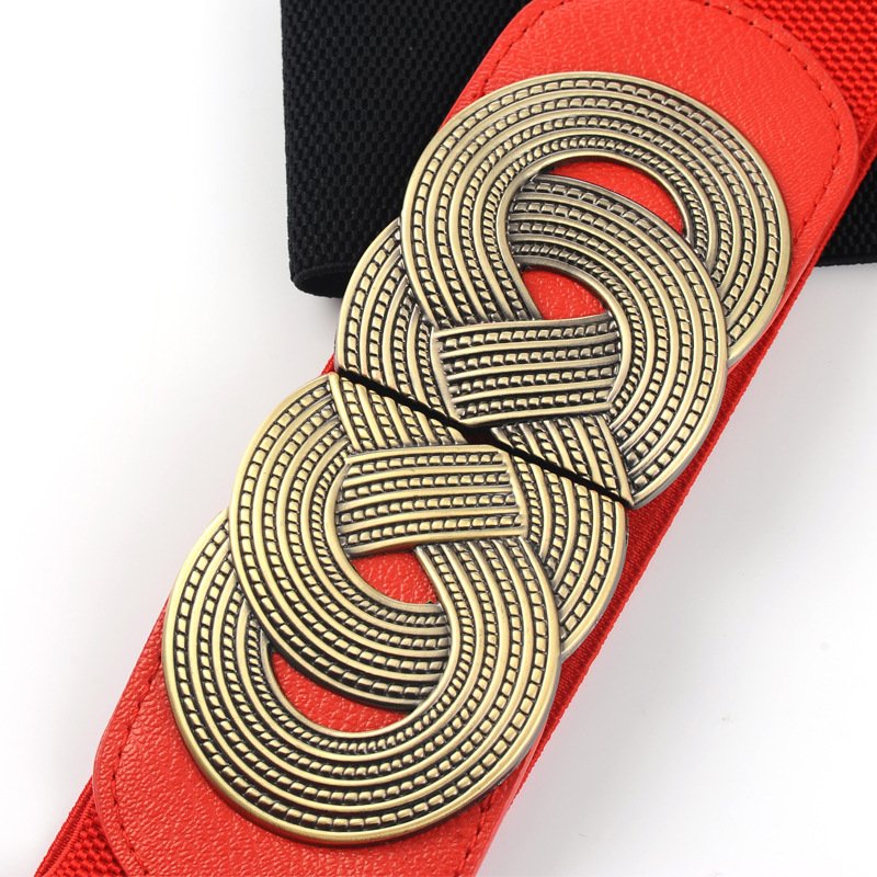 Vintage Metal Interlock Buckle Elastic Waist Belt Womens Basic Wide Stretchy Cinch Belt For Dress