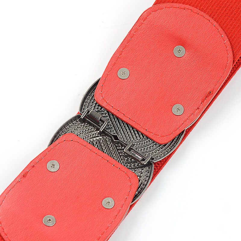 Vintage Metal Interlock Buckle Elastic Waist Belt Womens Basic Wide Stretchy Cinch Belt For Dress