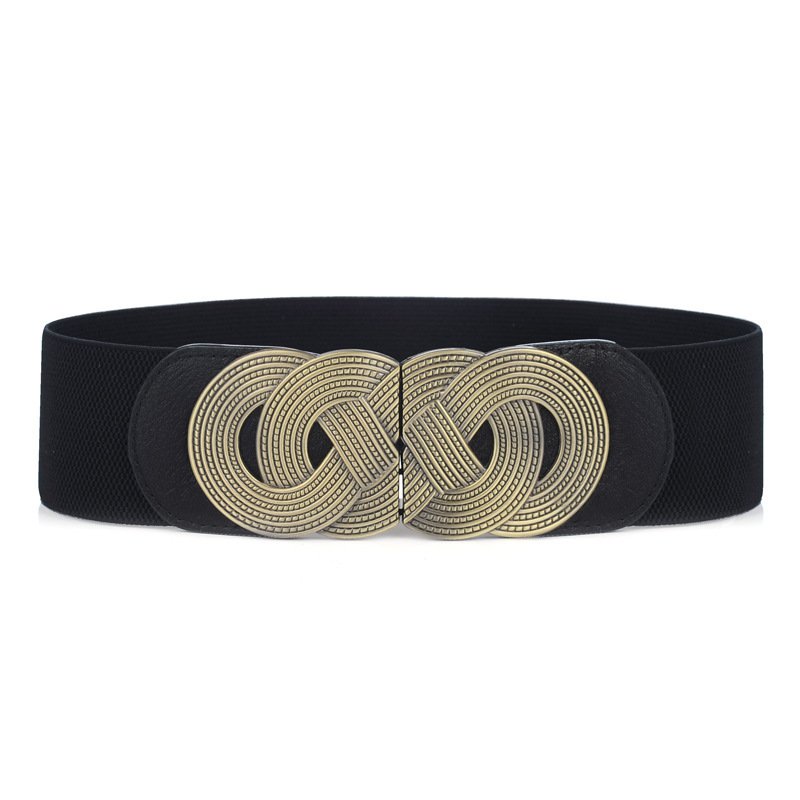 Vintage Metal Interlock Buckle Elastic Waist Belt Womens Basic Wide Stretchy Cinch Belt For Dress